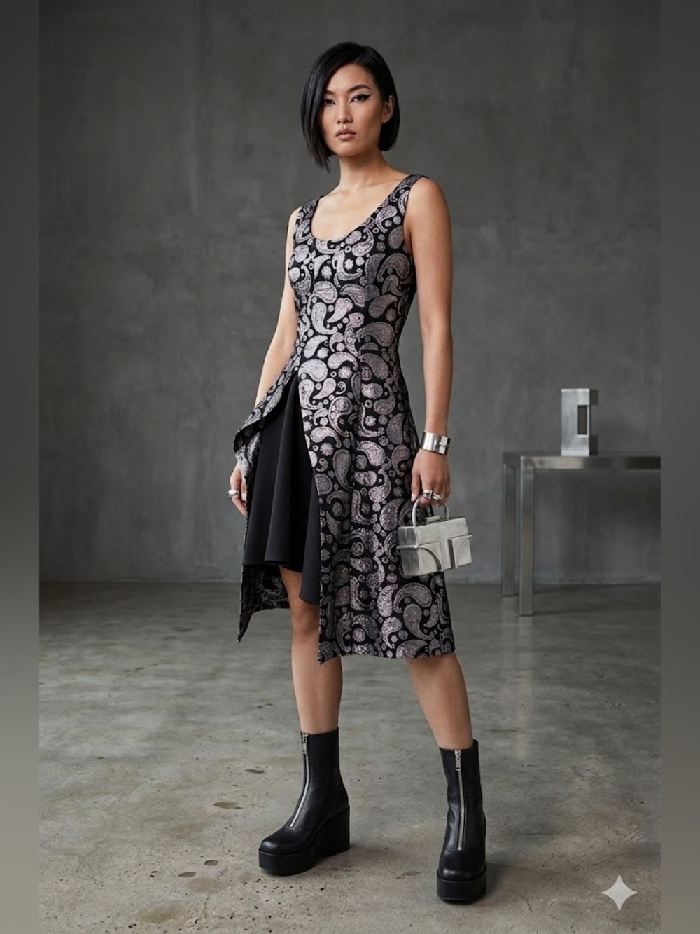 Stella McCartney Black Dress with Silver Paisley High-Low Hem